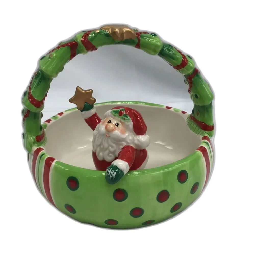 Fitz Floyd Ceramic Santa Bowl Candy Dish With Box Green Stripe Christmas